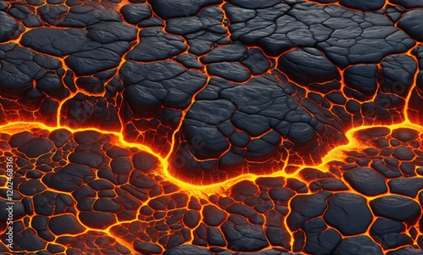 Fototapeta   A stunningly realistic 8K texture of flowing lava with glowing cracks and a bubbling surface.