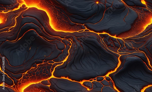 Fototapeta   A stunningly realistic 8K texture of flowing lava with glowing cracks and a bubbling surface.