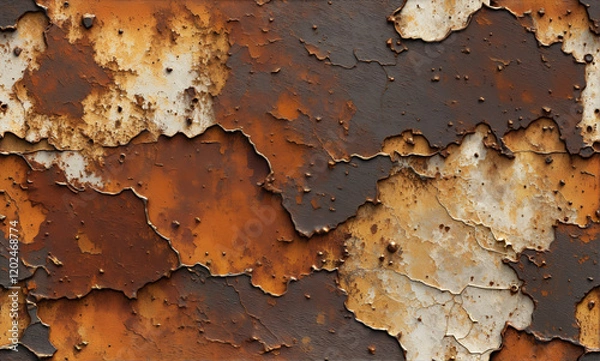 Fototapeta   A highly detailed, 8K resolution, photorealistic metallic map featuring the seamless texture of rusted metal with peeling paint and scratches.