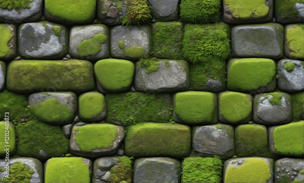 Fototapeta   A high-resolution, hyper-realistic depiction of a mossy cobblestone surface in 8k resolution. The texture is meticulously crafted to capture the intricate details of wet, weathered moss on stone.