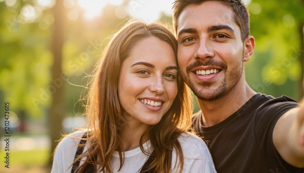 Obraz Couple smiling while taking selfies in a park, joyful intimacy