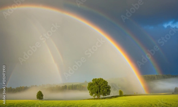 Fototapeta   A serene landscape, post-rainfall with a vibrant rainbow emerging from the mist.