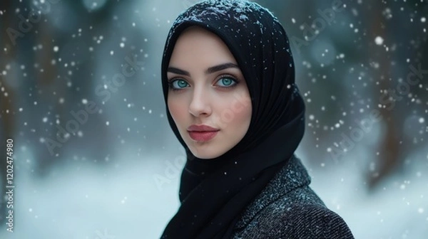 Fototapeta A Young Woman In A Hijab Amidst Falling Snow