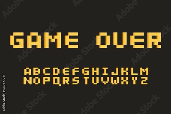 Fototapeta Pixel font for a video game.  Game font, letters of the alphabet, numbers. Old retro game, 8 bit.
Vector.
