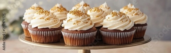 Fototapeta Cupcakes with soft, creamy frosting and golden sprinkles are elegantly arranged on a decorative cake stand. Their rich colors and textures create an inviting dessert display perfect for celebrations