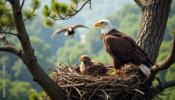 Fototapeta Bald eagle and chick resting in nest on tree branch