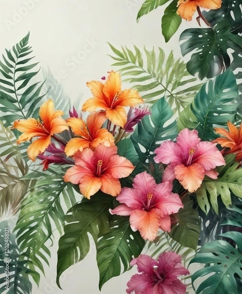 Fototapeta Illustration of a cluster of colorful tropical flowers and leaves against a soft watercolor background, nature scenes., tropical flowers