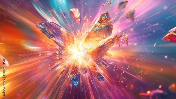 Fototapeta An explosion of colorful crystal shards radiates energy and movement, creating a captivating spectacle with vivid hues and a dynamic interplay of light and texture.