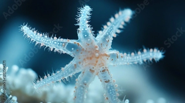 Fototapeta Close-up view of a translucent starfish with orange spots and spines in deep sea environment