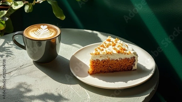 Obraz Latte in a Polished Green Cup Paired With Moist Carrot Cake on a Smooth White Plate on Marble Against a Deep Jade Backdrop