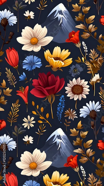 Fototapeta Vibrant floral and mountain pattern illustration with various flowers and plants on a dark background
