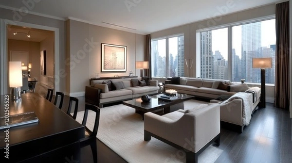 Obraz Urban Oasis: A contemporary living room exudes elegance with its sleek furniture and neutral palette, overlooking a breathtaking cityscape panorama.