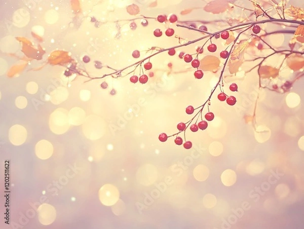 Fototapeta Winter Wonderland: Red Berries Branch with Bokeh Lights
