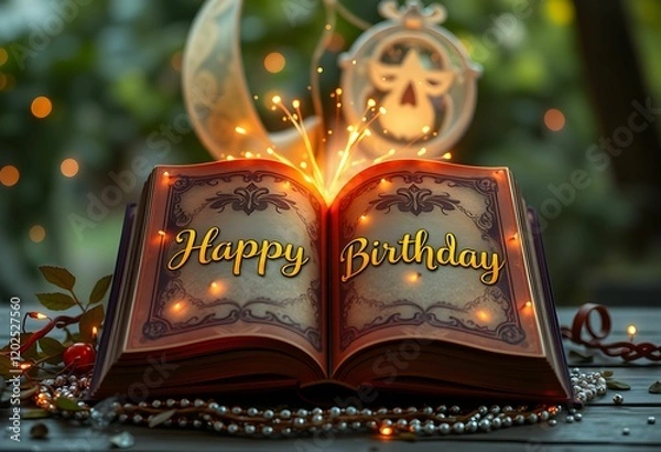 Obraz open book with glowing lights saying Happy Birthday