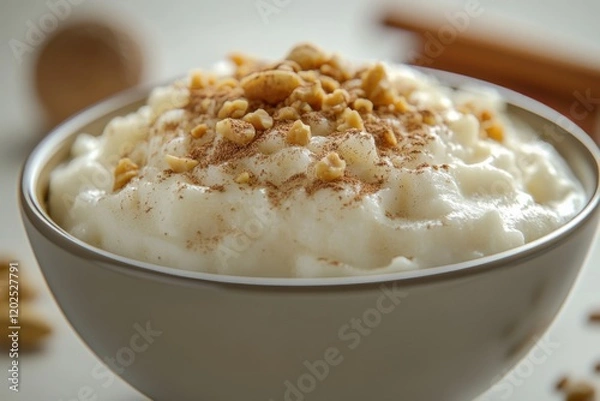 Fototapeta Rice pudding in a bowl. Featuring a bowl of creamy rice pudding. Highlighting comforting and sweet dessert. Ideal for culinary and dessert visuals.