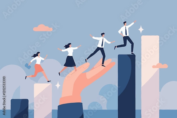 Fototapeta Growth assistance, support or help to success, growing business, career path or leadership helping employee achievement, manager support concept, businessman hand help people climb growth graph.