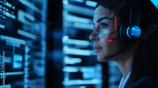 Obraz A futuristic woman wearing a sleek digital headset with glowing interfaces, her holographic display projecting data streams, symbolizing AI-driven communication innovation in a hig