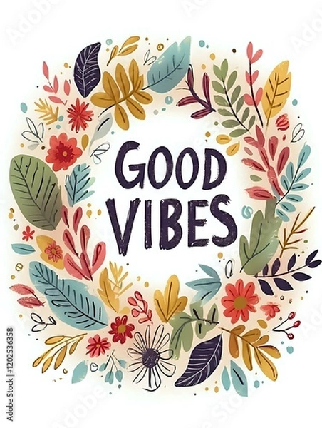 Fototapeta Colorful floral wreath with hand lettered "Good Vibes" text perfect for greeting cards, social media posts, and positive inspirational wall art designs on light background.