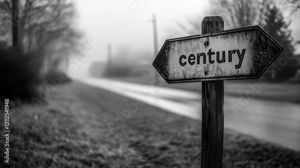 Fototapeta A weathered wooden sign pointing towards the "century" destination, shrouded in a mystical foggy landscape along an empty road at dawn