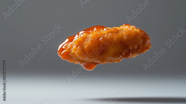 Obraz A chicken nugget dipped in barbecue sauce, frozen mid-air against a simple, plain background for a dynamic effect