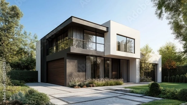 Fototapeta Matte black steel gate with minimalist straight lines, complementing a modern urban home
