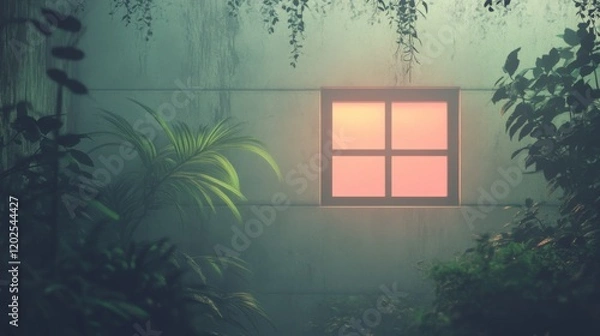 Fototapeta Glowing window in overgrown, misty jungle setting.