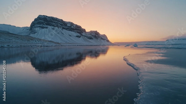 Fototapeta Majestic mountains reflecting in a serene ice-covered lake during sunrise with soft morning light and blurred background, providing space for a modern caption on the side

