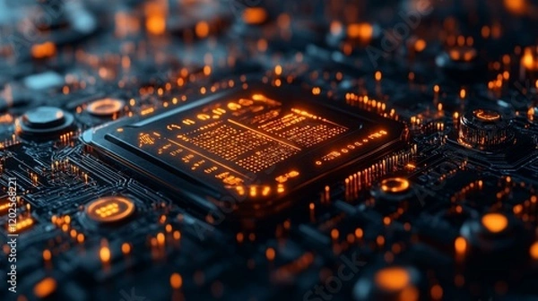 Obraz An AI-driven system managing governance with a glowing data feed and legal symbols. 380