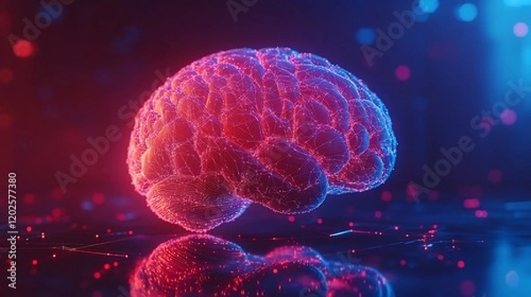 Fototapeta Glowing brain, neural network, digital abstract, technology background, concept art