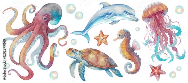 Fototapeta Set with hand drawn sea life elements. Sea animals: octopus, dolphin, turtle, jellyfish, sea horse, starfish and bubbles. Watercolor set of marine life objects for your design