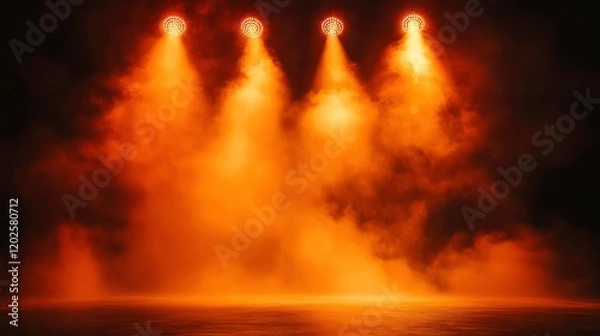 Obraz Three orange spotlights illuminate a smoky stage.