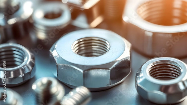 Fototapeta An Intricate Photograph of Various Types of Metal Nuts and Bolts Capturing Industrial Elegance