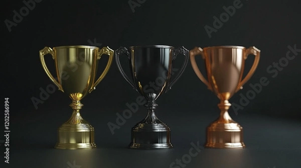 Fototapeta Three modern 3D trophy designs symbolizing victory achievement and excellence in gold silver and bronze for first second and third place with blurred empty space for text or captions on the side

