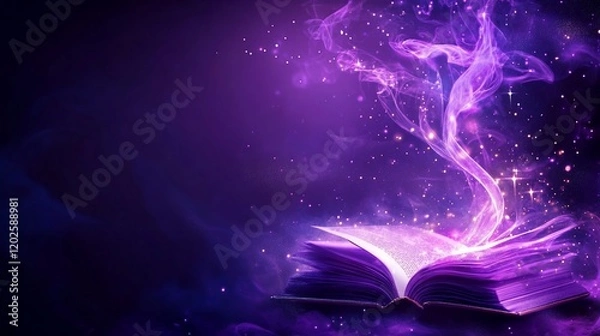 Fototapeta Magical book emitting violet smoke and sparkling lights on dark purple background
