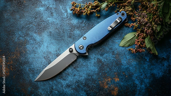 Obraz Compact folding knife isolated on a flat slate-blue background