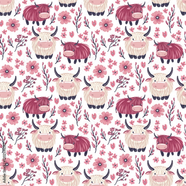 Obraz Seamless bulls, cows pattern. pink flowers, branches, pastel universal elegant decorative modern rustic countryside repeat, charming gentle stylish cozy soft bright minimal natural aesthetic