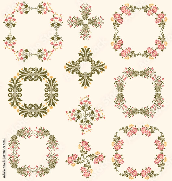 Obraz A set of vintage retro decorative floral leafy wildflower border designs. 