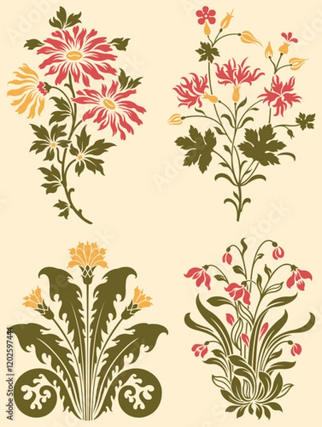 Obraz A set of vintage floral leafy botanical design elements. 