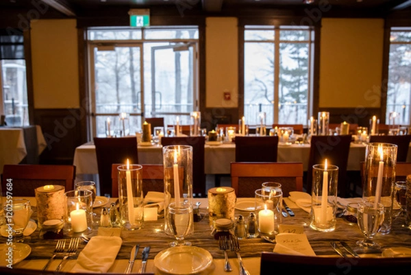 Fototapeta Elegant candlelit banquet hall decorated for a wedding reception