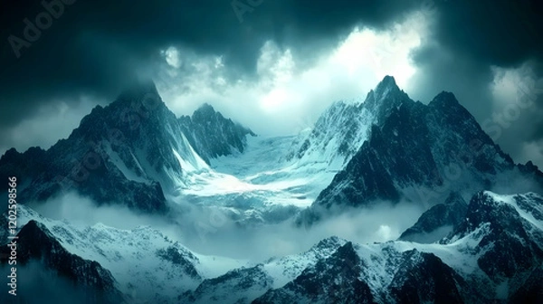 Fototapeta Majestic Snow-Capped Mountains Reflecting a Dramatic Sky with Glacial Serenity