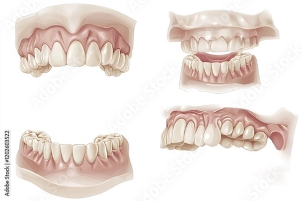 Fototapeta Four views of human teeth and gums are illustrating different dental issues, providing a comprehensive visual resource for dental education and patient communication