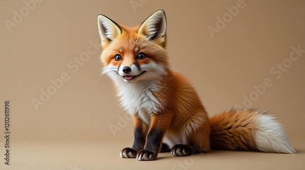 Fototapeta Portrait of an adorable red fox sitting against a neutral background.  Perfect for wildlife, nature, and animal themes.
