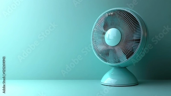 Fototapeta A modern teal fan on a smooth surface against a gradient background, providing cooling and comfort.