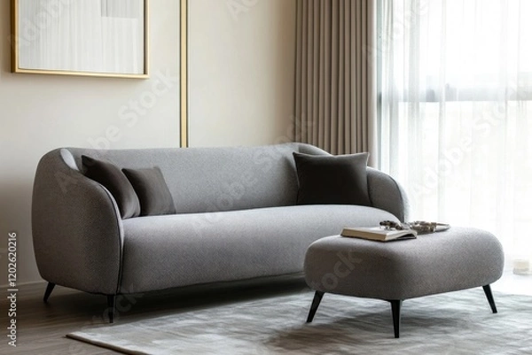 Fototapeta Modern gray sofa and ottoman in living room.