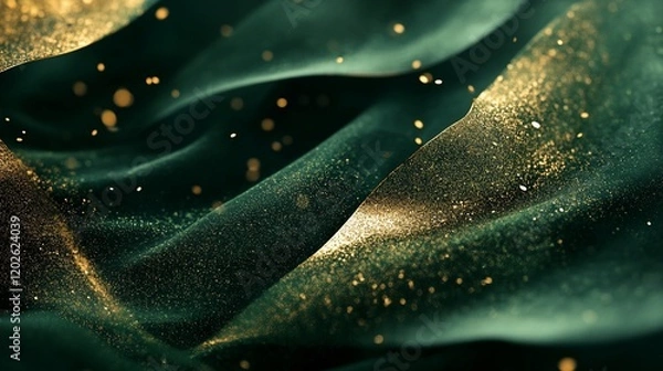Fototapeta Emerald green fabric with gold dust and bokeh effect for a luxurious look and feel