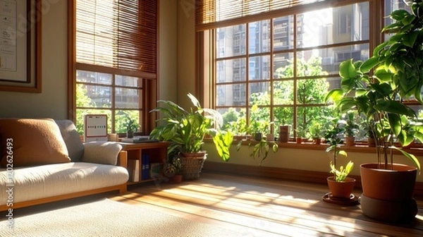 Fototapeta Sunny Morning Living Room Cozy Apartment Plants Window Light