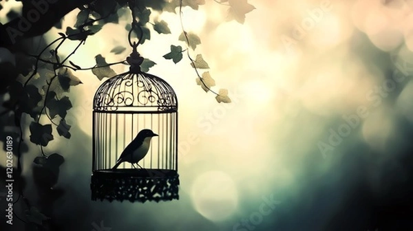 Fototapeta A serene bird perched in an enchanting cage, surrounded by soft, ethereal light and gentle greenery.