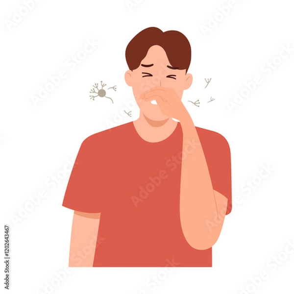 Fototapeta Vector illustration of pollen allergy and Hay fever. Man with allergic rhinitis, allergy symptoms, sneezing, runny nose, itchy eyes, nasal congestion. Flat design 