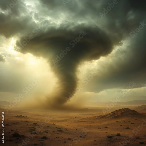 Fototapeta A Dramatic Tornado Forms Over a Dusty Desert Landscape, Capturing Nature's Power and Fury