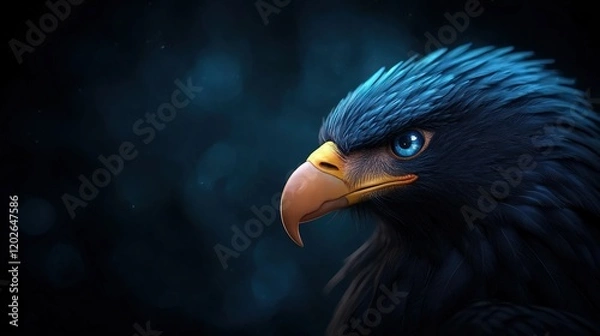 Fototapeta   Blue-black bird in focus against black backdrop with blurred lights Yellow beak